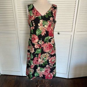 Talbots black floral sheath dress black pink green tan classy sleeveless 12